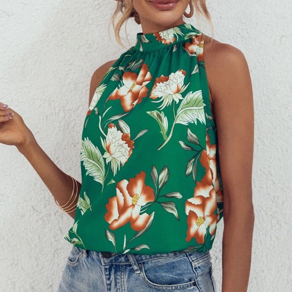 Boho Floral Print Halter Summer Tank Top - Picture 2 of 8